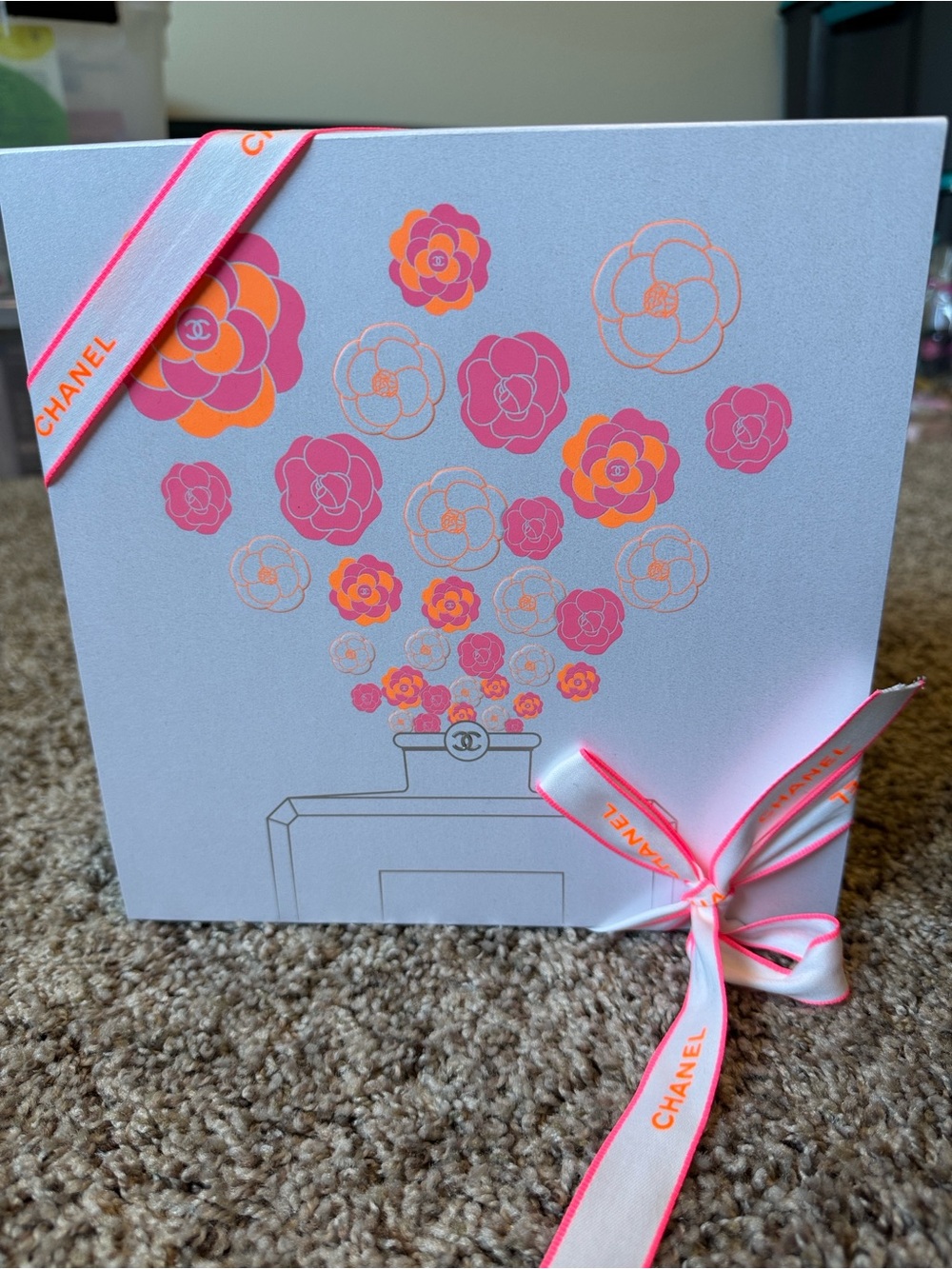 CHANEL White Box with Pink and Orange Camellia Motifs